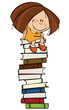 Girl sitting on a big pile of books