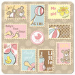 Baby girl annoucement card - collection of postal stamps
