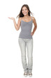 Fresh woman student showing product