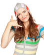 Beautiful young woman smiling a making a call me gesture Beautiful young woman smiling a making a call me gesture