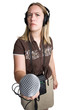 Radio journalist with microphone and recording equipment