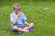 Young boy sitting in a meadow, smelling a buch of wild flowers