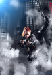 beautiful sexy girl holding gun . smoke background