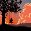 Vector silhouette of girl on swing. Sunset