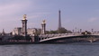 Eiffel tower statues and bridge from the river Seine