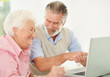 Smiling senior woman with a happy mature man pointing at laptop