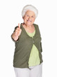 An elderly woman showing thumbs up sign isolated against white