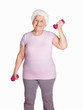 Happy senior woman lifting dumbbells isolated against white