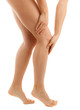 Woman massaging pain knee on white background Woman massaging pain knee on white background