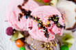 Close up of glass plate with different type of ice cream