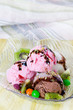Close up of glass plate with different type of ice cream