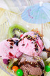 Close up of glass plate with different type of ice cream