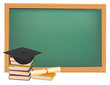 Graduation cap and diploma, blackboard. Vector.
