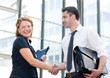 Office workers greet  outdoor