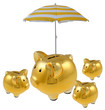 famille cochons tirelires dorées sous parasol, fond blanc