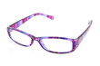 purple reading glasses over white background