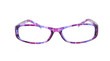 purple reading glasses over white background