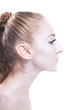 woman with shiny silver makeup on white