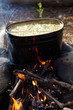 Kettle with food on campfire