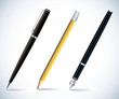 Illustration of a pencil, a ball pen and a fountain pen