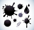 Set of ink spots, drops and a fountain pen nib