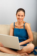 Young female sitting on the sofa  with laptop