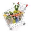 Shopping trolley full of grocery isolated on white background.