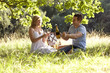 A young couple having a picnic, man opening a bottle of wine