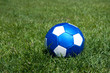 a blue leather football on a green lawn