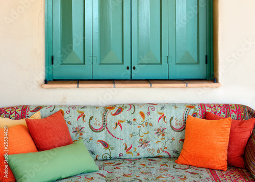 Sofa in the porch of a Greek island house