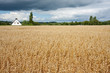 French cottage in the field with threatening thunderstorm