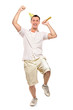 Full length portrait of a party person celebrating isolated agai Full length portrait of a party person celebrating isolated agai