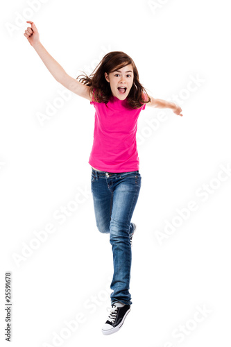 Photo : Girl jumping, running isolated on white background Girl jumping, running isolated on white background