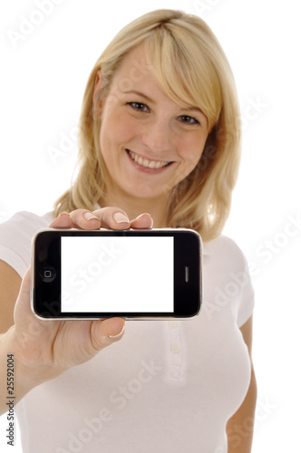 Foto: Junge Frau mit Smartphone, leeres Display Junge Frau mit Smartphone, leeres Display