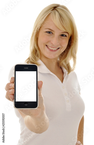 Photo: Junge Frau mit Smartphone, leeres Display Junge Frau mit Smartphone, leeres Display