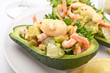 prawn and avocado salad served in halfed avocados