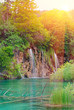 Waterfalls on sunset in national park. Plitvice, Croatia