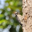 Downy pecking at the wood