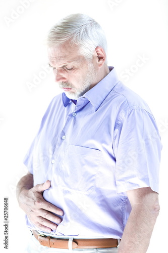 Photo: Senior man portrait suffer stomachache Senior man portrait suffer stomachache