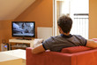 Rear view of young man watching television
