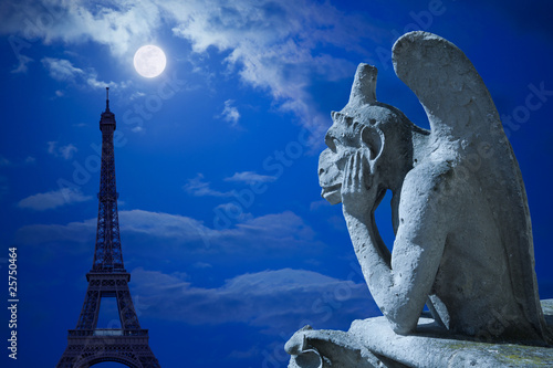Photo: Notre Dame Chimera and Eiffel tower under the moon of Paris Notre Dame Chimera and Eiffel tower under the moon of Paris