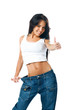 Pretty girl demonstrating weight loss Pretty girl demonstrating weight loss