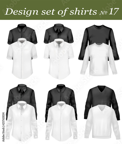 Vector: Black and white men polo shirts and t-shirts. Vector. Black and white men polo shirts and t-shirts. Vector.