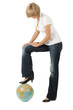 woman with foot on globe