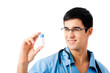 Happy doctor with drug, isolated on white