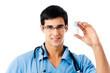 Happy doctor with drug, isolated on white
