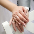 Just married young couple showing up their rings