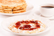 Waffle with jam and sugar. Coffee