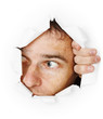 Man looks through hole
