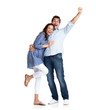 Excited young couple celebrating victory with hands raised